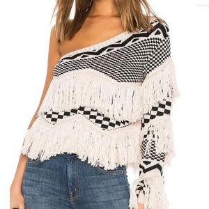 Aztec Fringe One-Shoulder Sweater